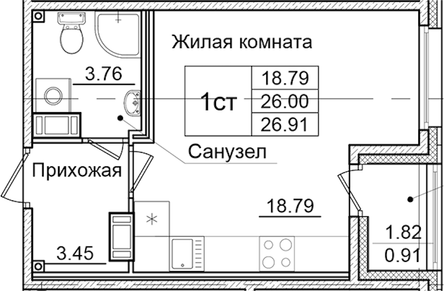Квартира студия 26.91 м², 5/9 эт., ЖК «Квартал Заречье»
